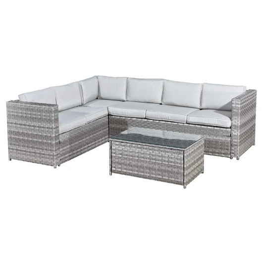 Acorn Rattan 6 Seat Corner Sofa Set in Dove Grey with Off-White/ Pale Grey Cushions
