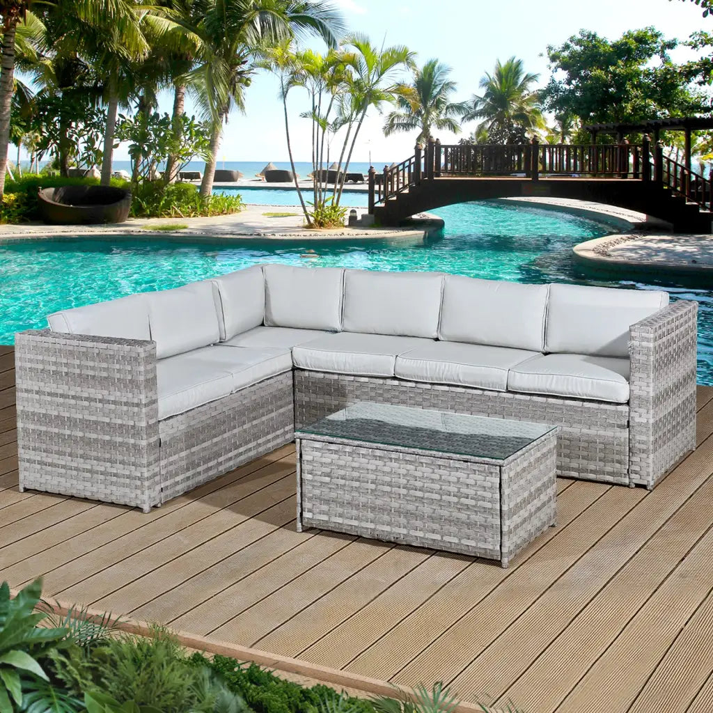 Acorn Rattan 6 Seat Corner Sofa Set in Dove Grey with Off-White/ Pale Grey Cushions