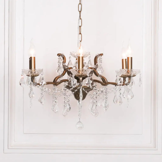 Antique Gold 6 Branch Shallow Cut Glass Chandelier