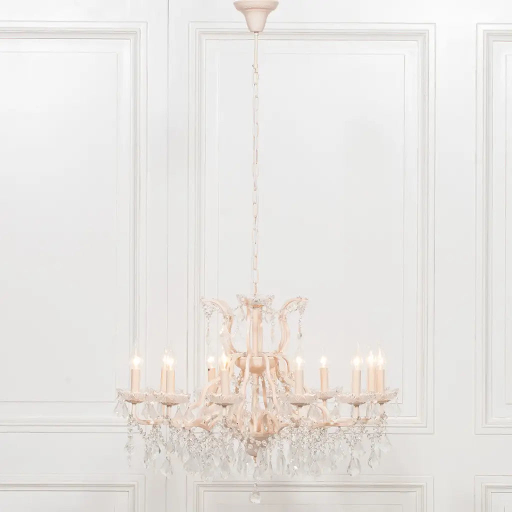 Cream 12 Branch Shallow Cut Glass Chandelier
